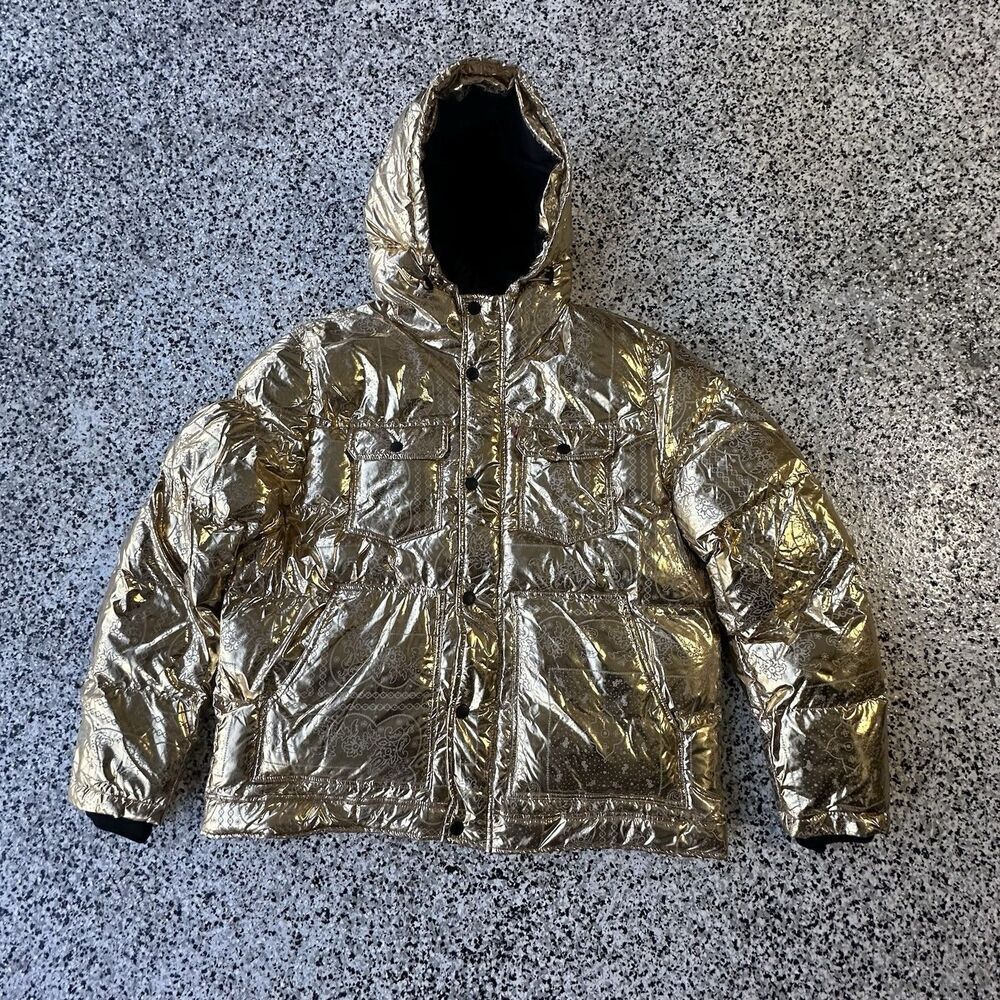 Levi’s Puffer Jacket Mens XL Metallic Gold Bandana Hooded Insulated Zip Button